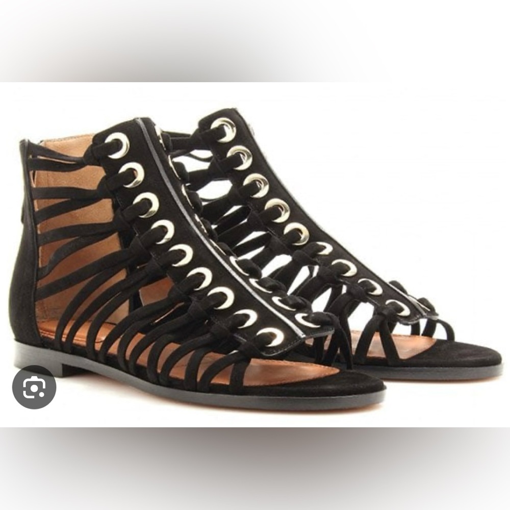 Givenchy cage gladiator sandals size 7, black suede with gold detail.
